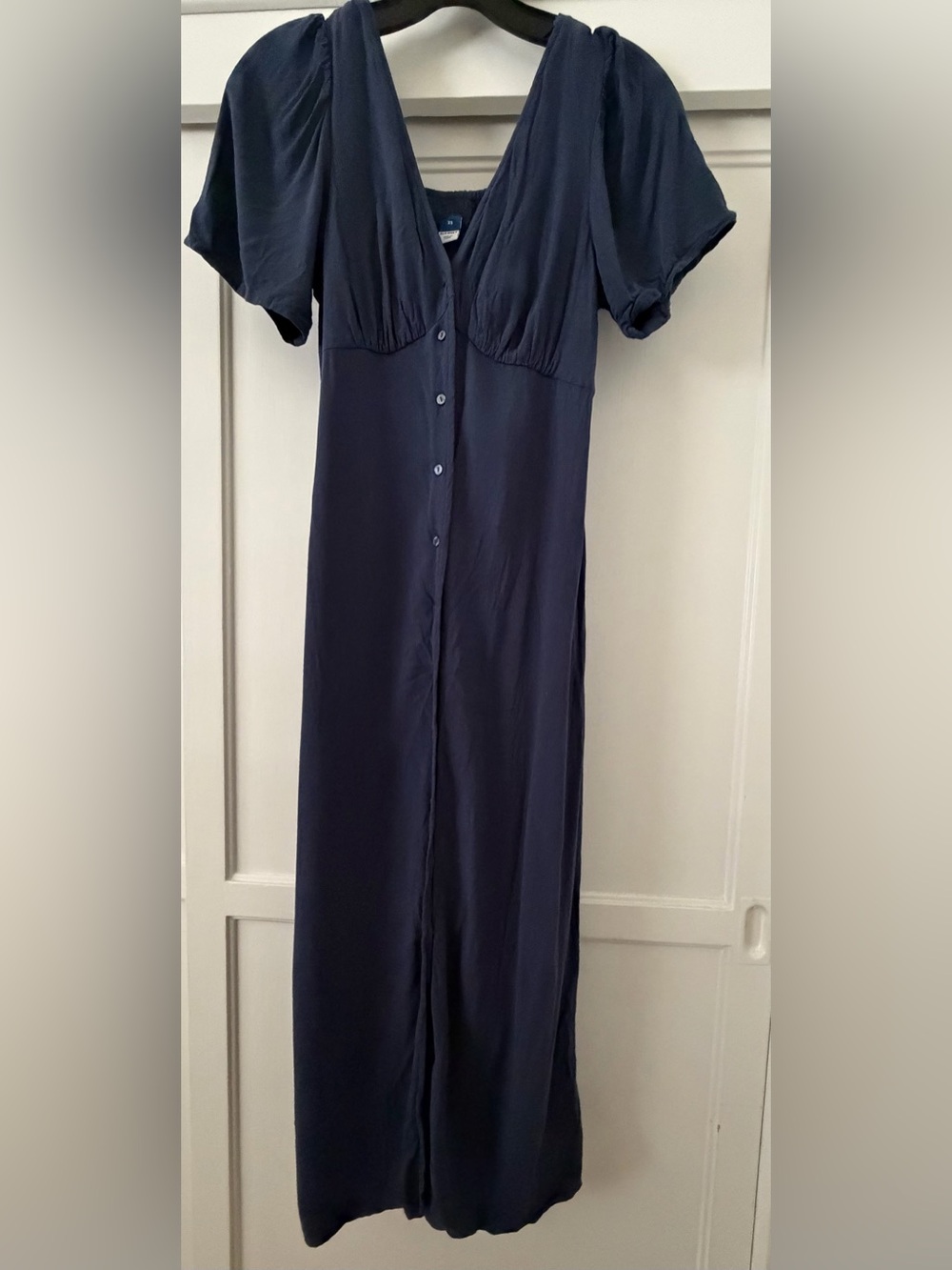 Old Navy- Button-Front Navy Blue Waist Defined Midi Dress with Short Sleeves-XS